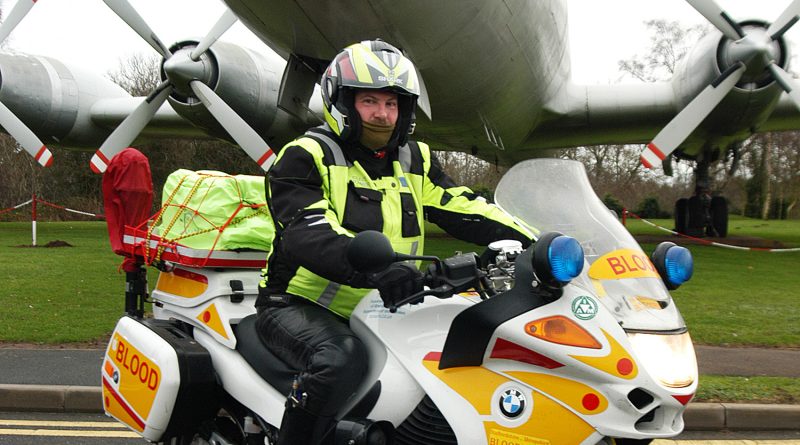 Clive Bower on a specially equipped Blood Bike at RAF Museum Cosford, the venue for the official launch of Shropshire and Staffordshire Blood Bikes on 22 January.